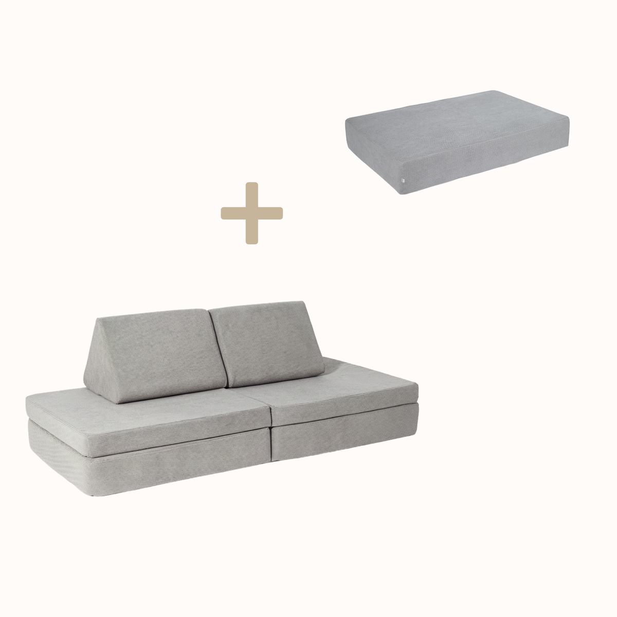 malwim Bundle aus Spielsofa und Hüpfpolster Cord, Ton in Ton in Mausgrau, handgefertigt und OEKO-TEX zertifiziert