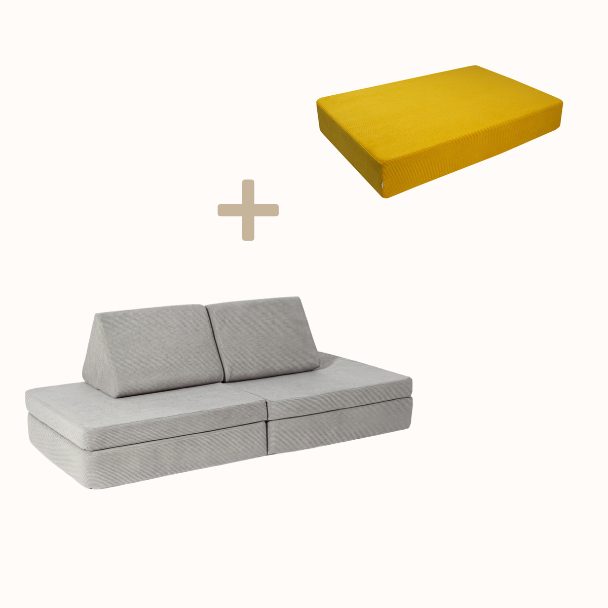 malwim Bundle aus Hüpfpolster Cord in Goldgelb und Spielsofa Cord in Mausgrau, handgefertigt und OEKO-TEX zertifiziert