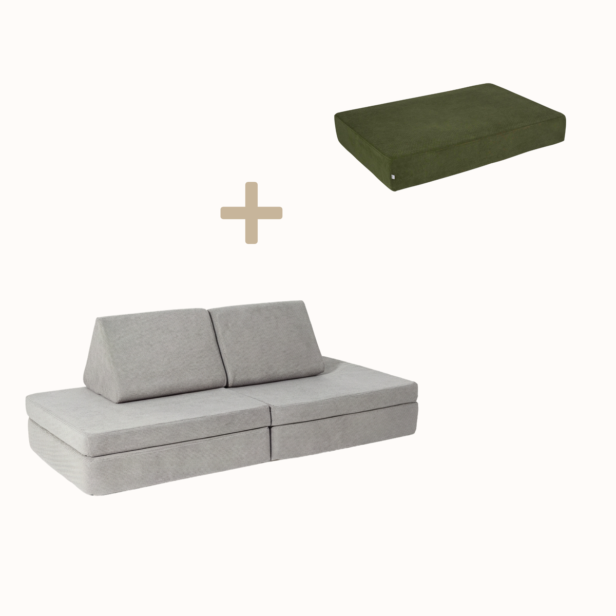 malwim Bundle aus Hüpfpolster Cord in Olivgrün und Spielsofa Cord in Mausgrau, handgefertigt und OEKO-TEX zertifiziert