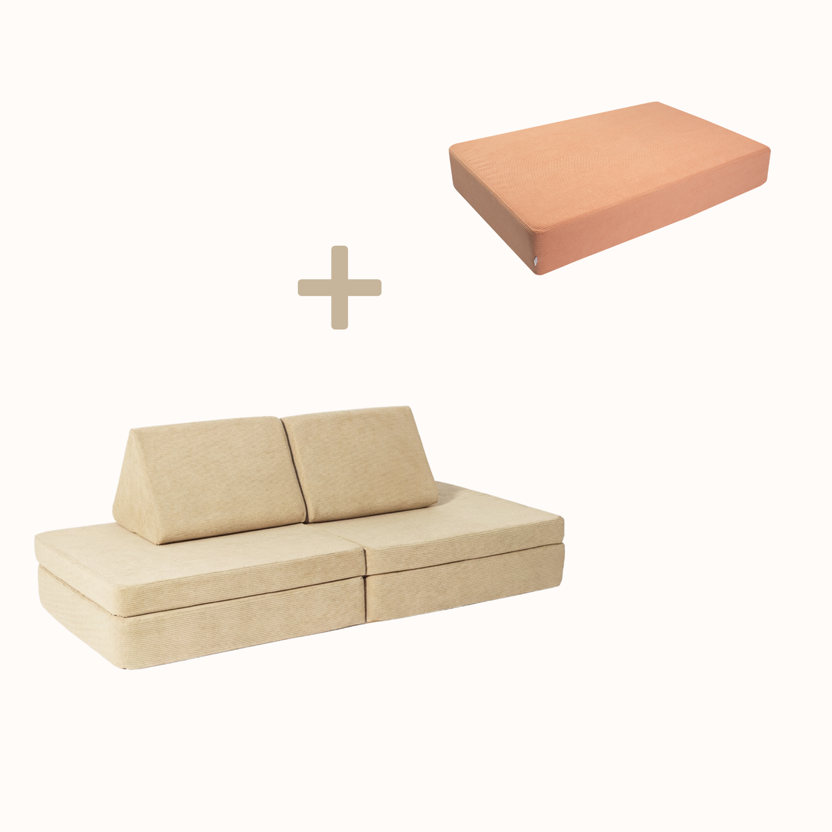 malwim Bundle aus Hüpfpolster Cord in Coral und Spielsofa Cord in Beige, handgefertigt und OEKO-TEX zertifiziert