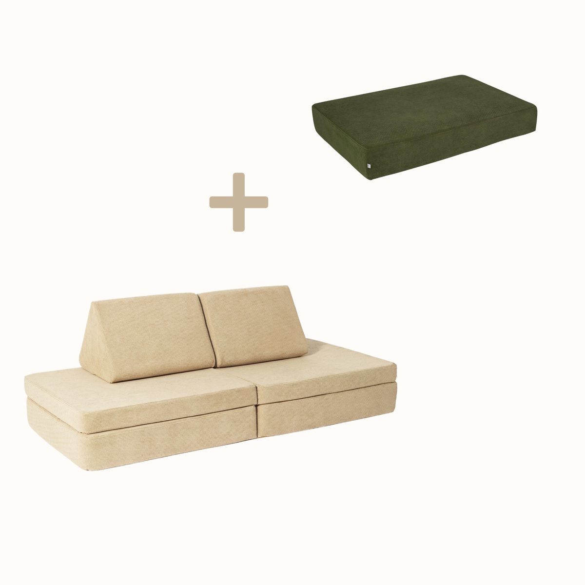 malwim Bundle aus Hüpfpolster Cord in Olivgrün und Spielsofa Cord in Beige, handgefertigt und OEKO-TEX zertifiziert