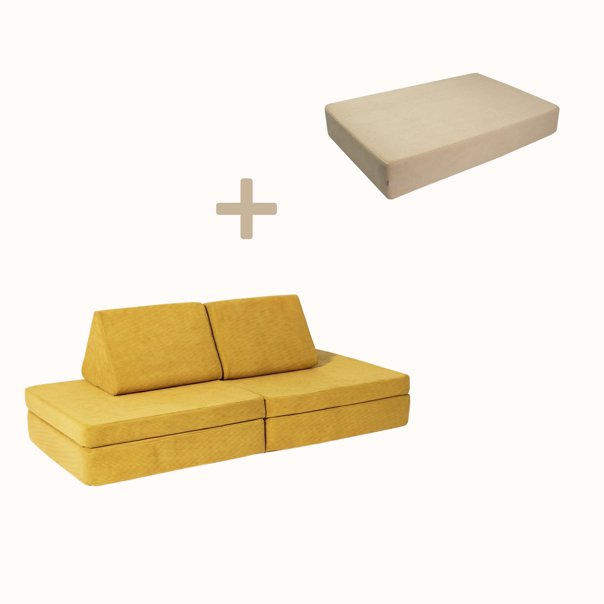 malwim Bundle aus Hüpfpolster Cord in Beige und Spielsofa Cord in Goldgelb, handgefertigt und OEKO-TEX zertifiziert