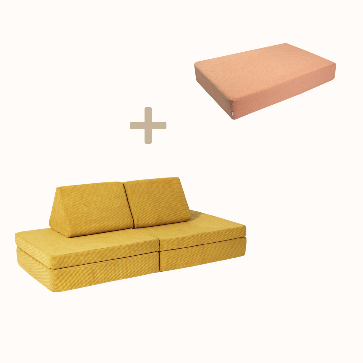 malwim Bundle aus Hüpfpolster Cord in Coral und Spielsofa Cord in Goldgelb, handgefertigt und OEKO-TEX zertifiziert