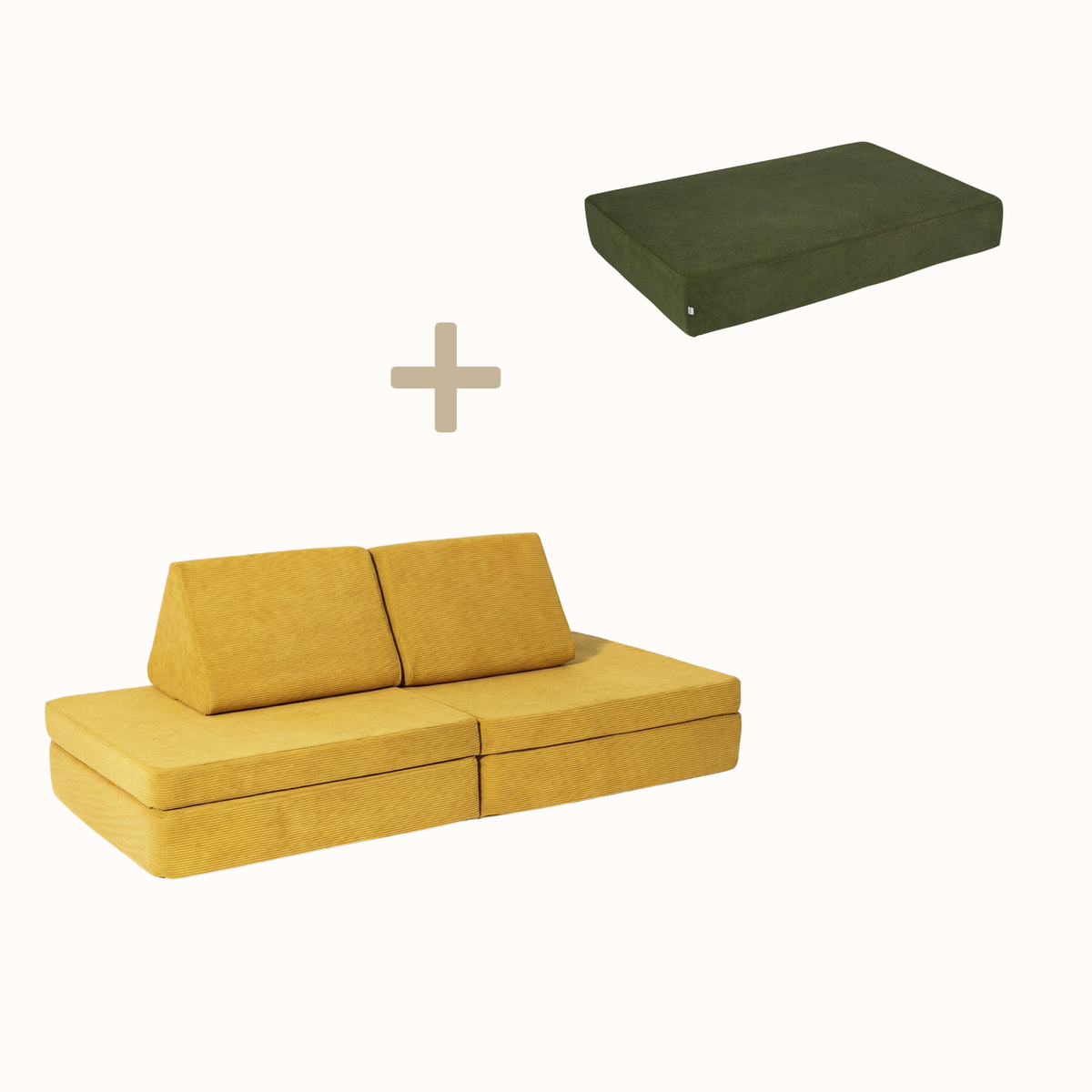 malwim Bundle aus Hüpfpolster Cord in Olivgrün und Spielsofa Cord in Goldgelb, handgefertigt und OEKO-TEX zertifiziert