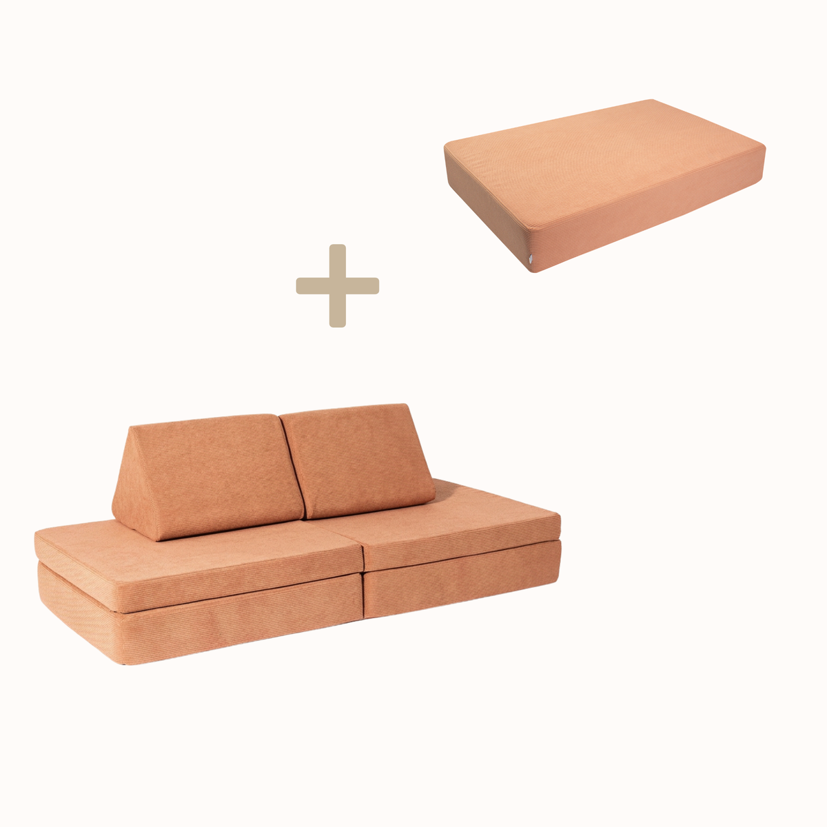 malwim Bundle aus Spielsofa und Hüpfpolster Cord, Ton in Ton in Coral, handgefertigt und OEKO-TEX zertifiziert