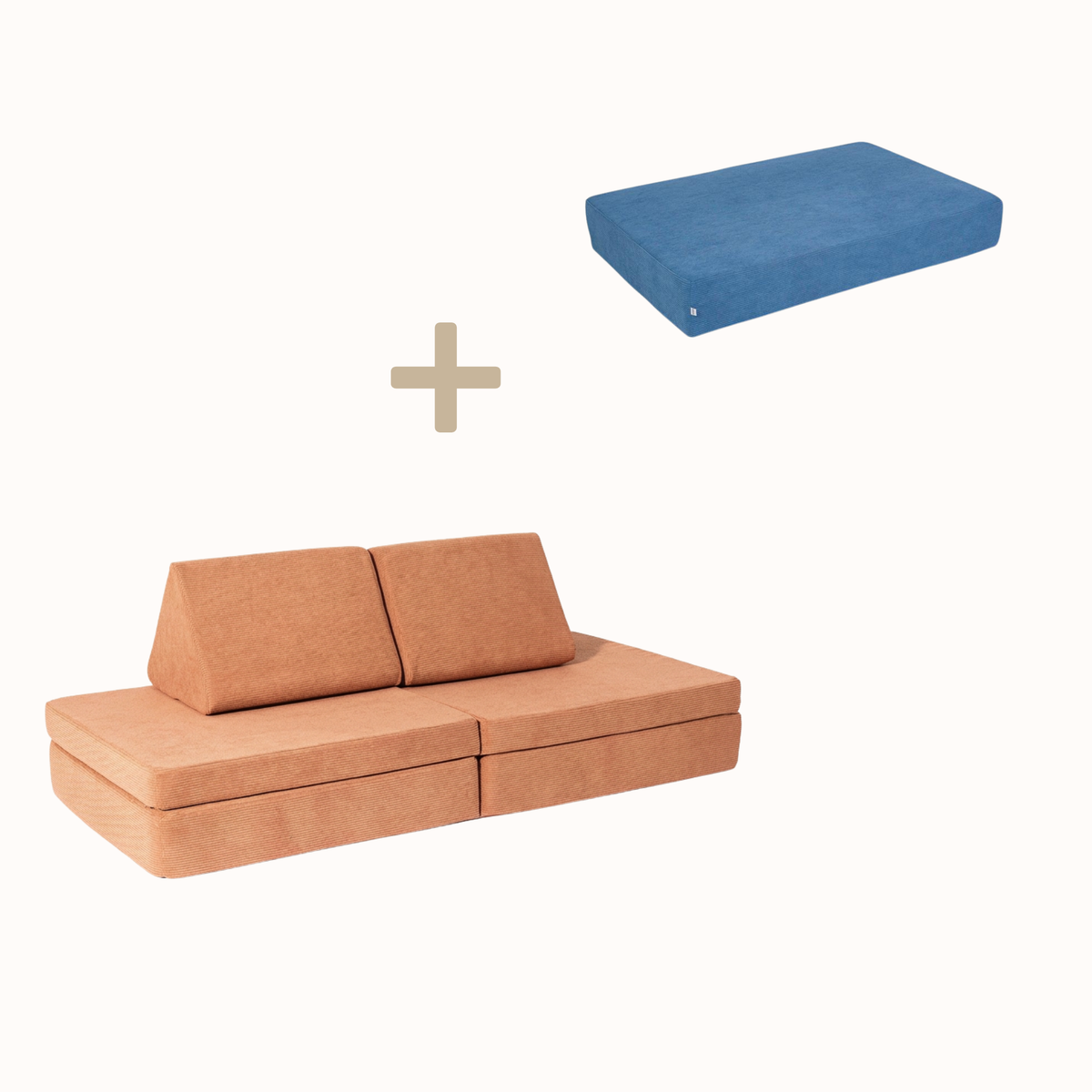 malwim Bundle aus Hüpfpolster Cord in Azurblau und Spielsofa Cord in Coral, handgefertigt und OEKO-TEX zertifiziert