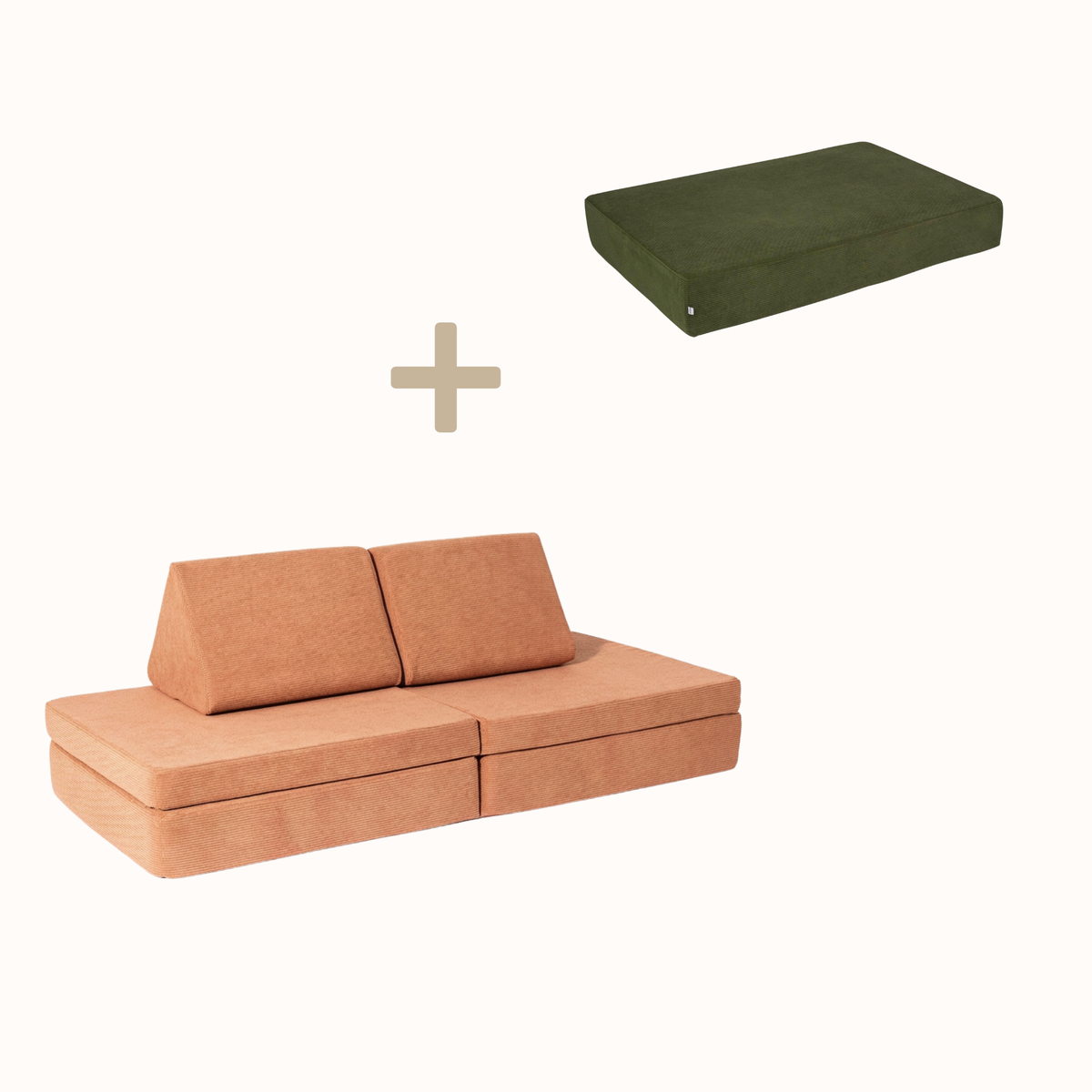 malwim Bundle aus Hüpfpolster Cord in Olivgrün und Spielsofa Cord in Coral, handgefertigt und OEKO-TEX zertifiziert
