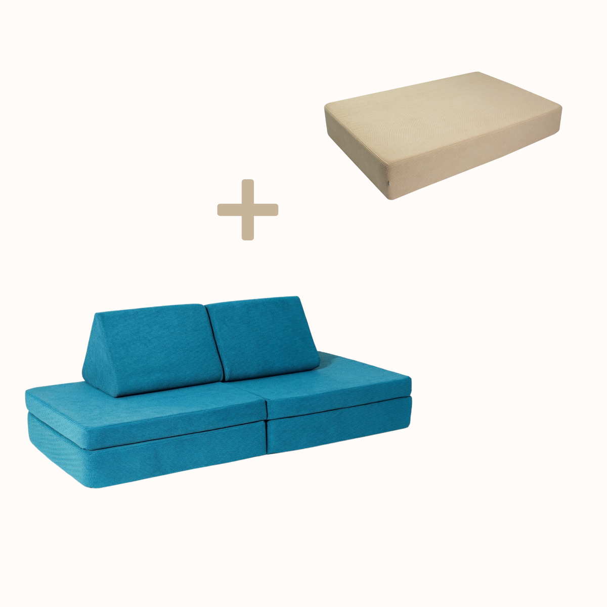 malwim Bundle aus Hüpfpolster Cord in Beige und Spielsofa Cord in Azurblau, handgefertigt und OEKO-TEX zertifiziert