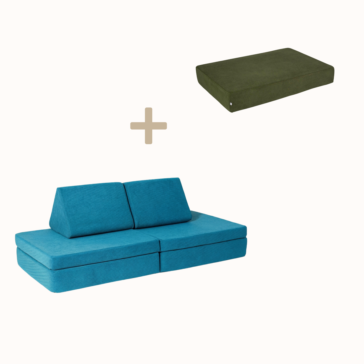 malwim Bundle aus Hüpfpolster Cord in Olivgrün und Spielsofa Cord in Azurblau, handgefertigt und OEKO-TEX zertifiziert