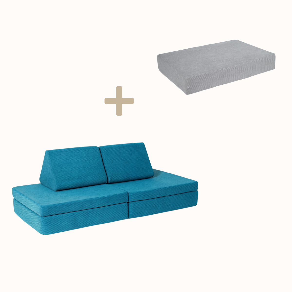 malwim Bundle aus Hüpfpolster Cord in Mausgrau und Spielsofa Cord in Azurblau, handgefertigt und OEKO-TEX zertifiziert