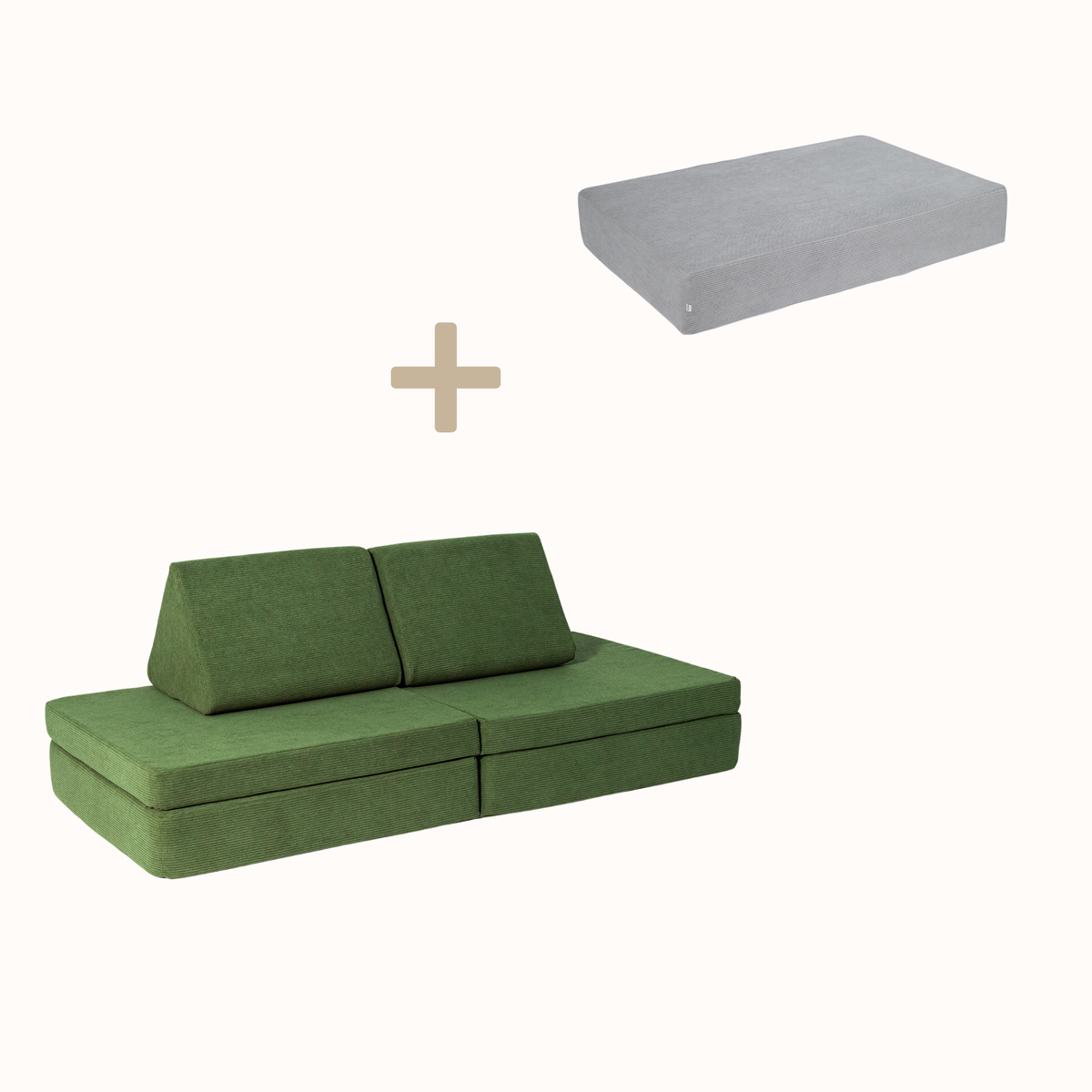 malwim Bundle aus Hüpfpolster Cord in Mausgrau und Spielsofa Cord in Olivgrün, handgefertigt und OEKO-TEX zertifiziert