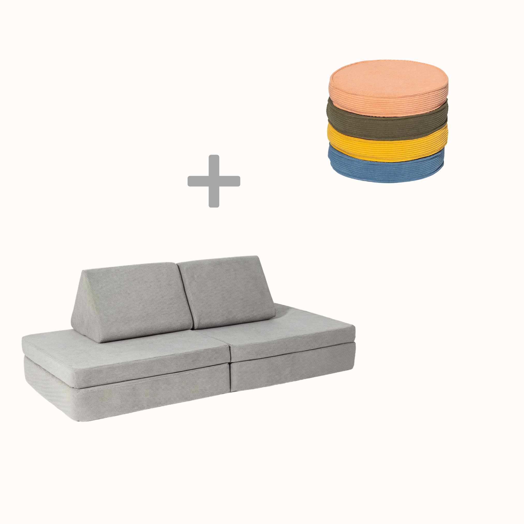 Spielsofa Bundle S (Spielsofa Mausgrau + 4 Loopis Rainbow) aus Cord für Kinder – handgefertigt und OEKO-TEX zertifiziert – malwim
