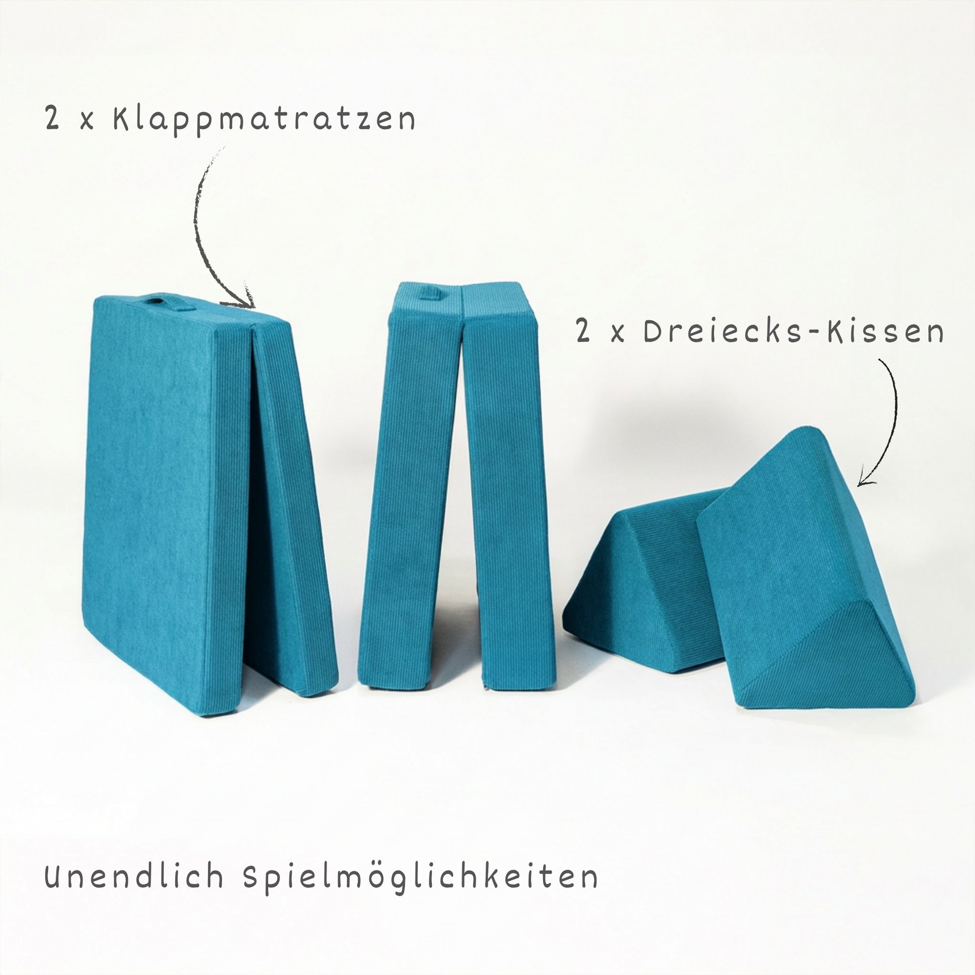 malwim Spielsofa Cord Azurblau aufgeklappt – 2 Klappmatratzen und 2 Dreiecks-Kissen für unendliche Spielmöglichkeiten, OEKO-TEX zertifiziert, handgefertigt in der EU