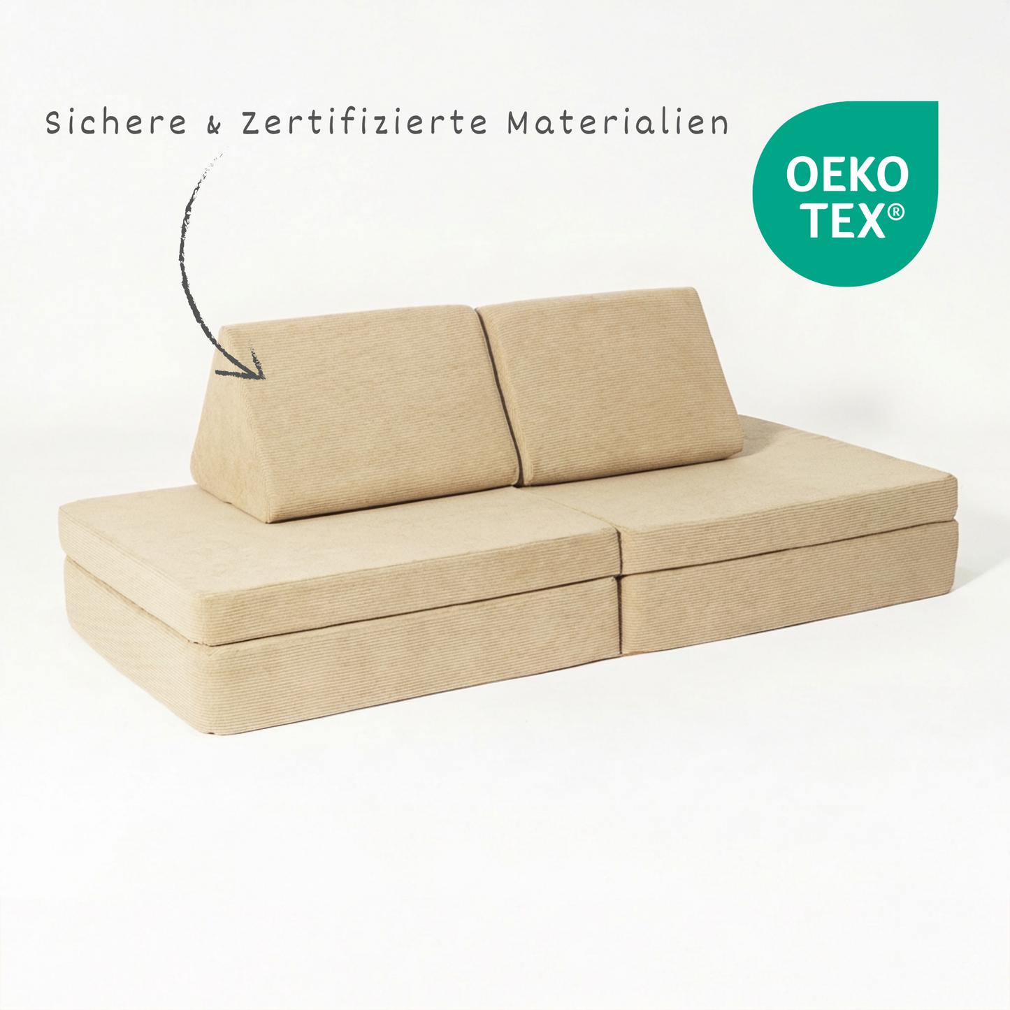 malwim Spielsofa Cord – OEKO-TEX Label und Qualitätsdetail
