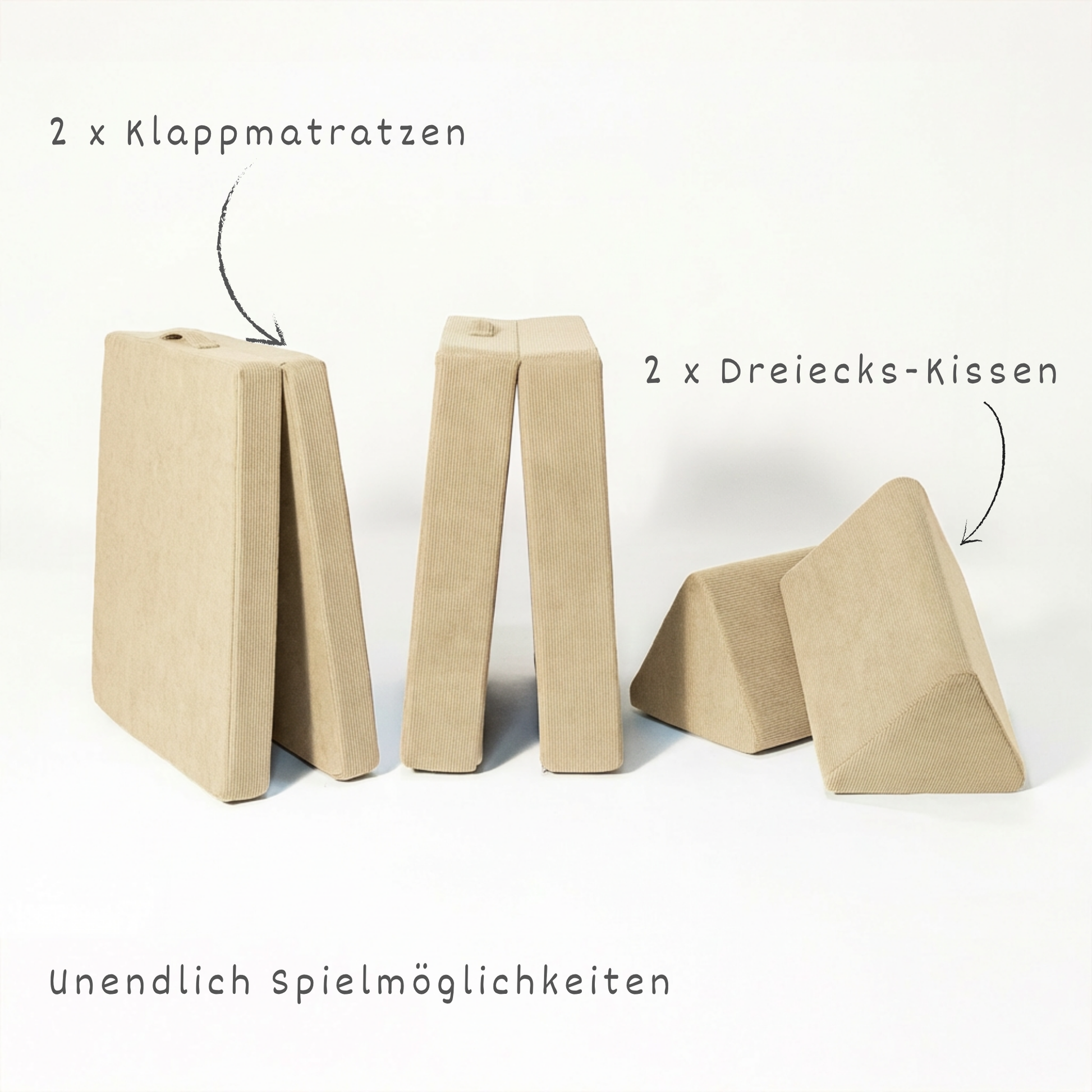 malwim Spielsofa Cord Beige aufgeklappt – 2 Klappmatratzen und 2 Dreiecks-Kissen für unendliche Spielmöglichkeiten, OEKO-TEX zertifiziert, handgefertigt in der EU