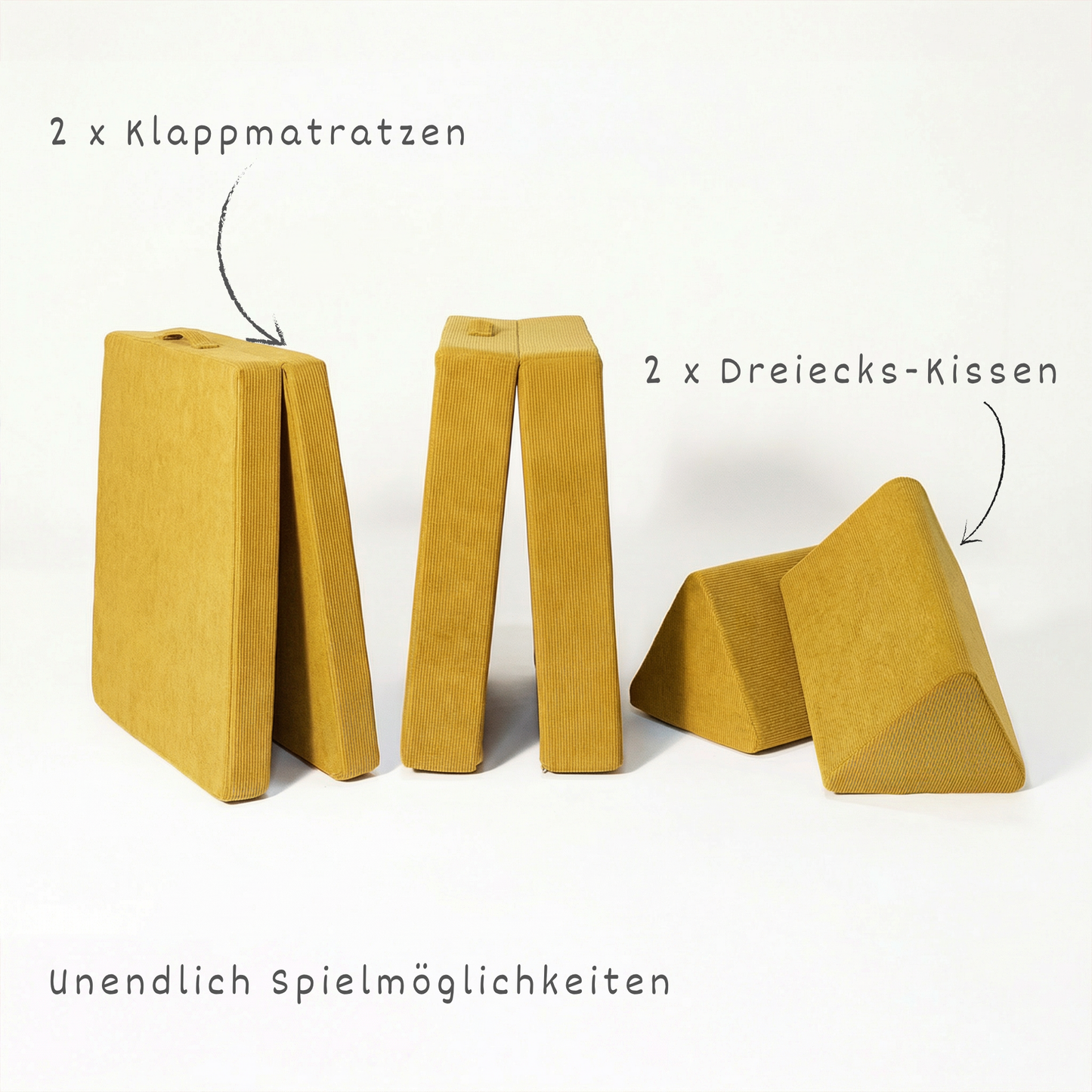 malwim Spielsofa Cord Goldgelb aufgeklappt – 2 Klappmatratzen und 2 Dreiecks-Kissen für unendliche Spielmöglichkeiten, OEKO-TEX zertifiziert, handgefertigt in der EU