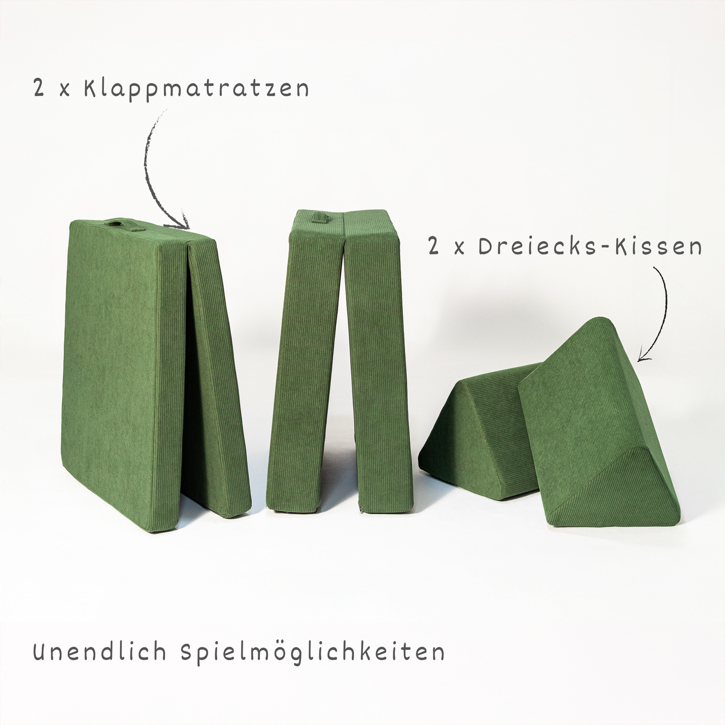 malwim Spielsofa Cord Olivgrün aufgeklappt – 2 Klappmatratzen und 2 Dreiecks-Kissen für unendliche Spielmöglichkeiten, OEKO-TEX zertifiziert, handgefertigt in der EU